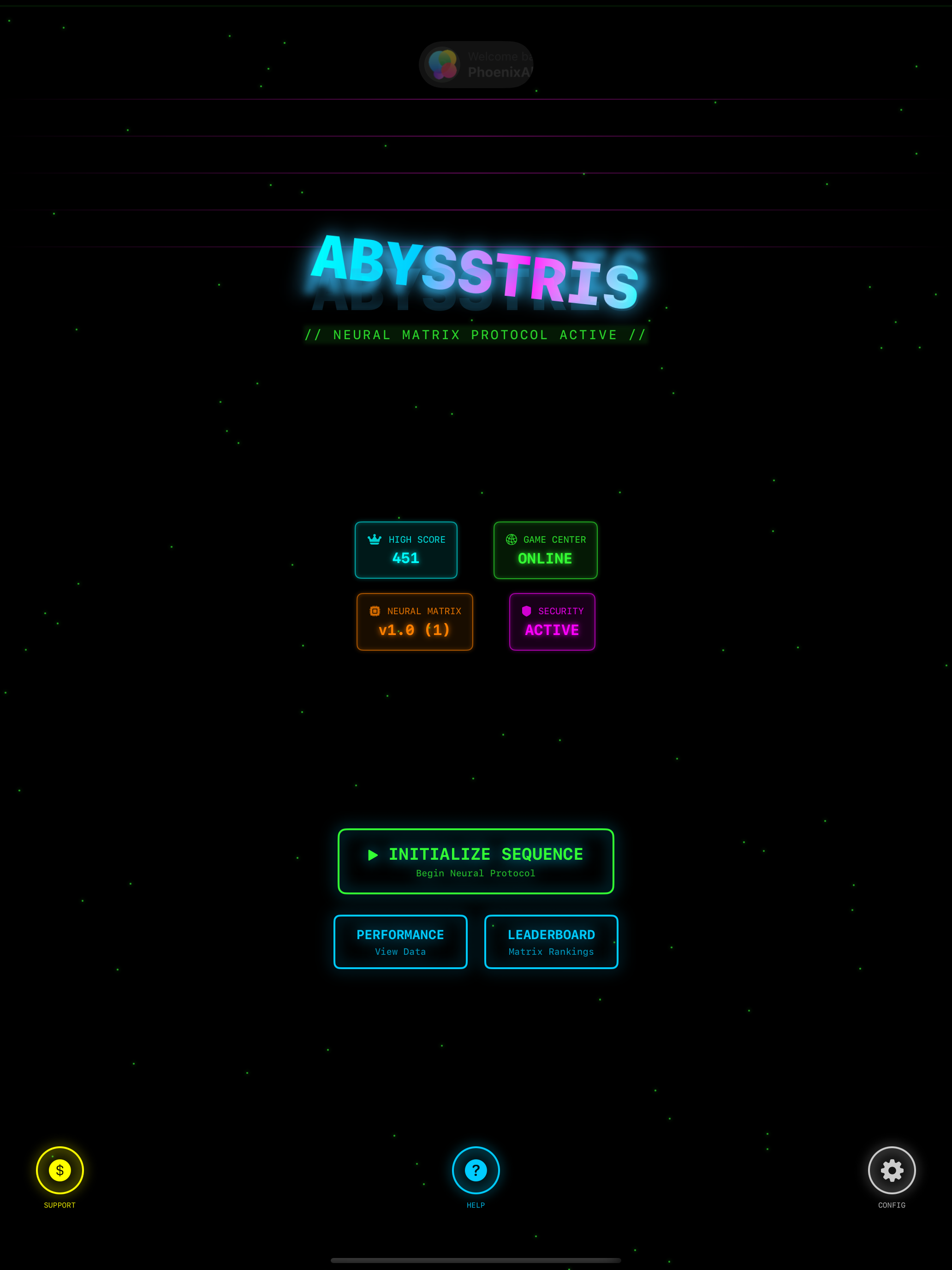 Abysstris Neural Matrix Start Screen